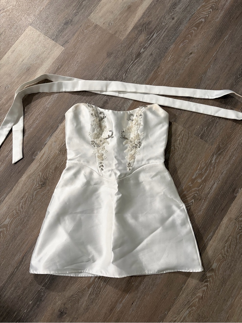 Strapless Cream Embroidered Mini Dress with Waist Sash